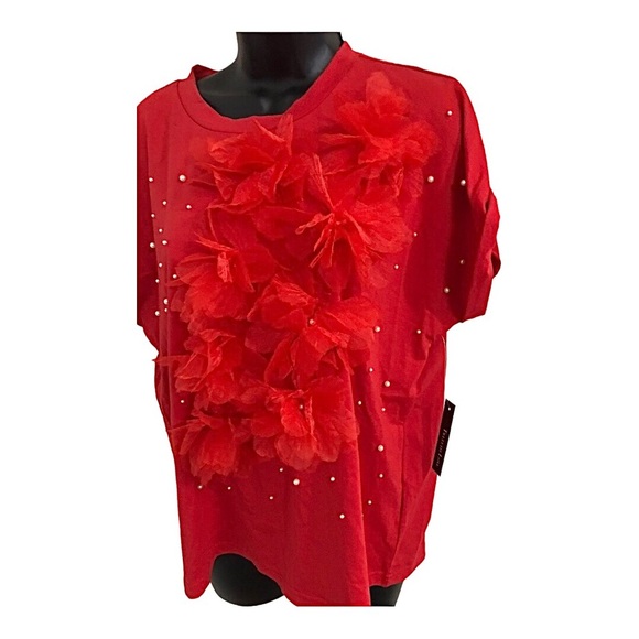 Red pearl adorned 3d floral embellished short sleeve shirt top  size XL new - Picture 10 of 12